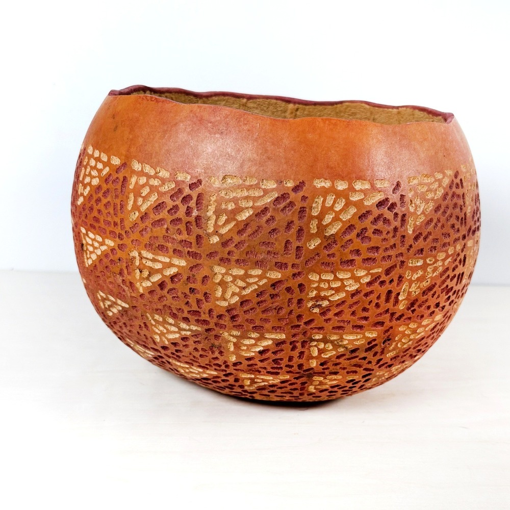 Deep‎ Chip Carved Southwestern Gourd Bowl Geometric Folk Art Signed A '07